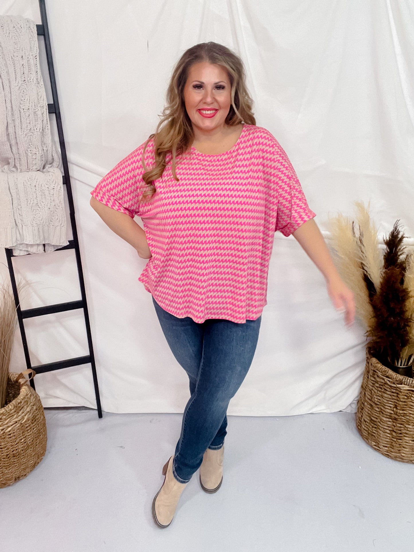 Mocha and Pink Patterned Dolman Sleeve Boyfriend Top - Whiskey Skies - DEAR SCARLETT