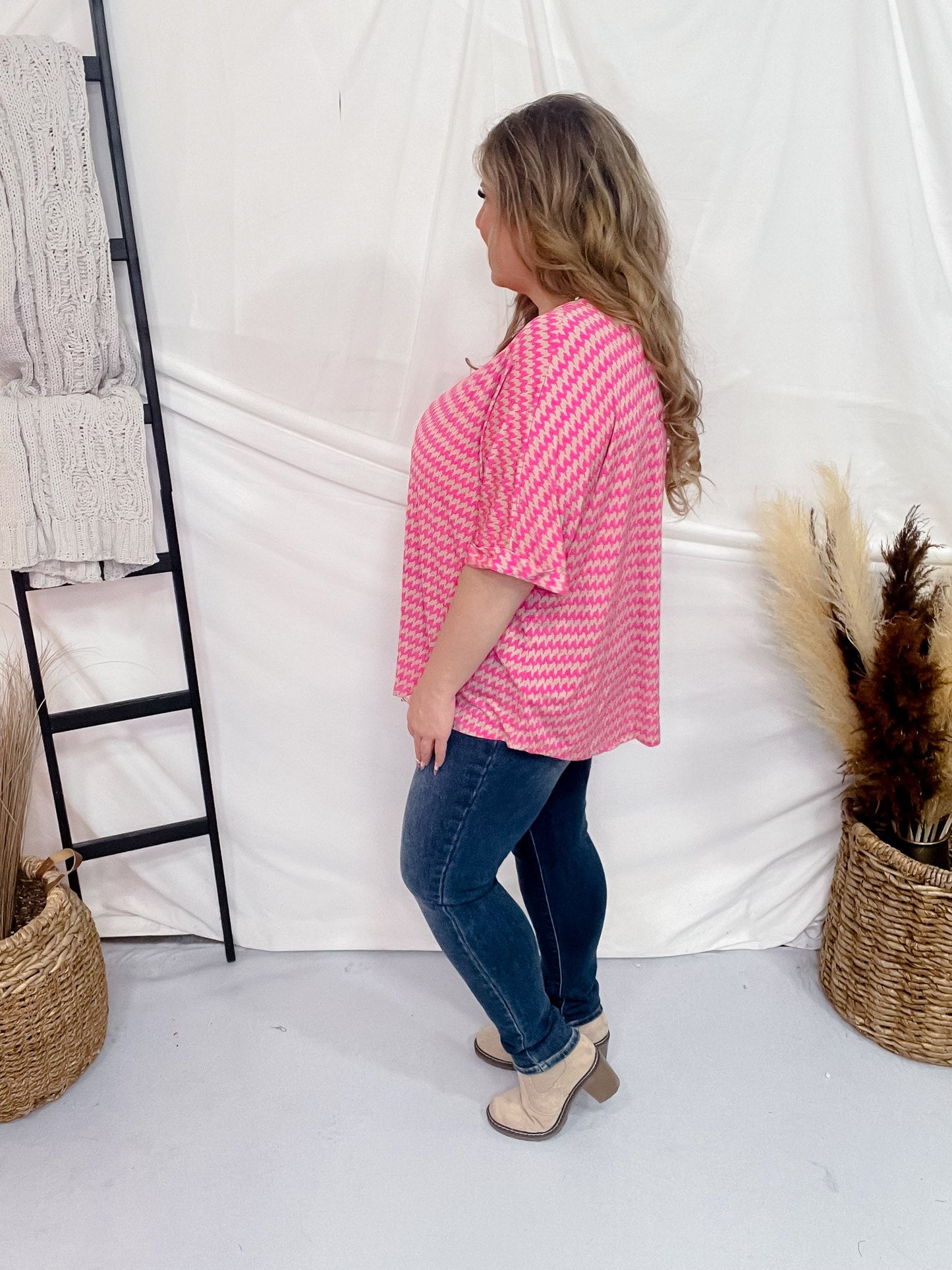 Mocha and Pink Patterned Dolman Sleeve Boyfriend Top - Whiskey Skies - DEAR SCARLETT