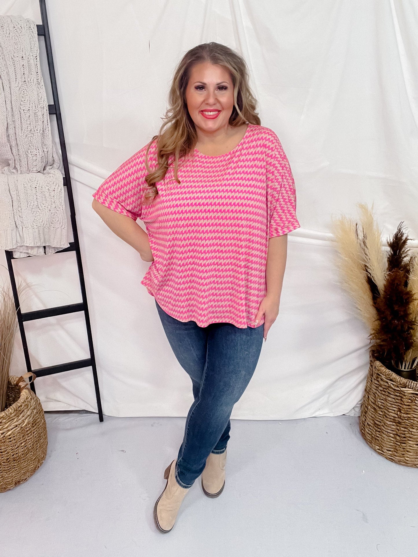 Mocha and Pink Patterned Dolman Sleeve Boyfriend Top - Whiskey Skies - DEAR SCARLETT