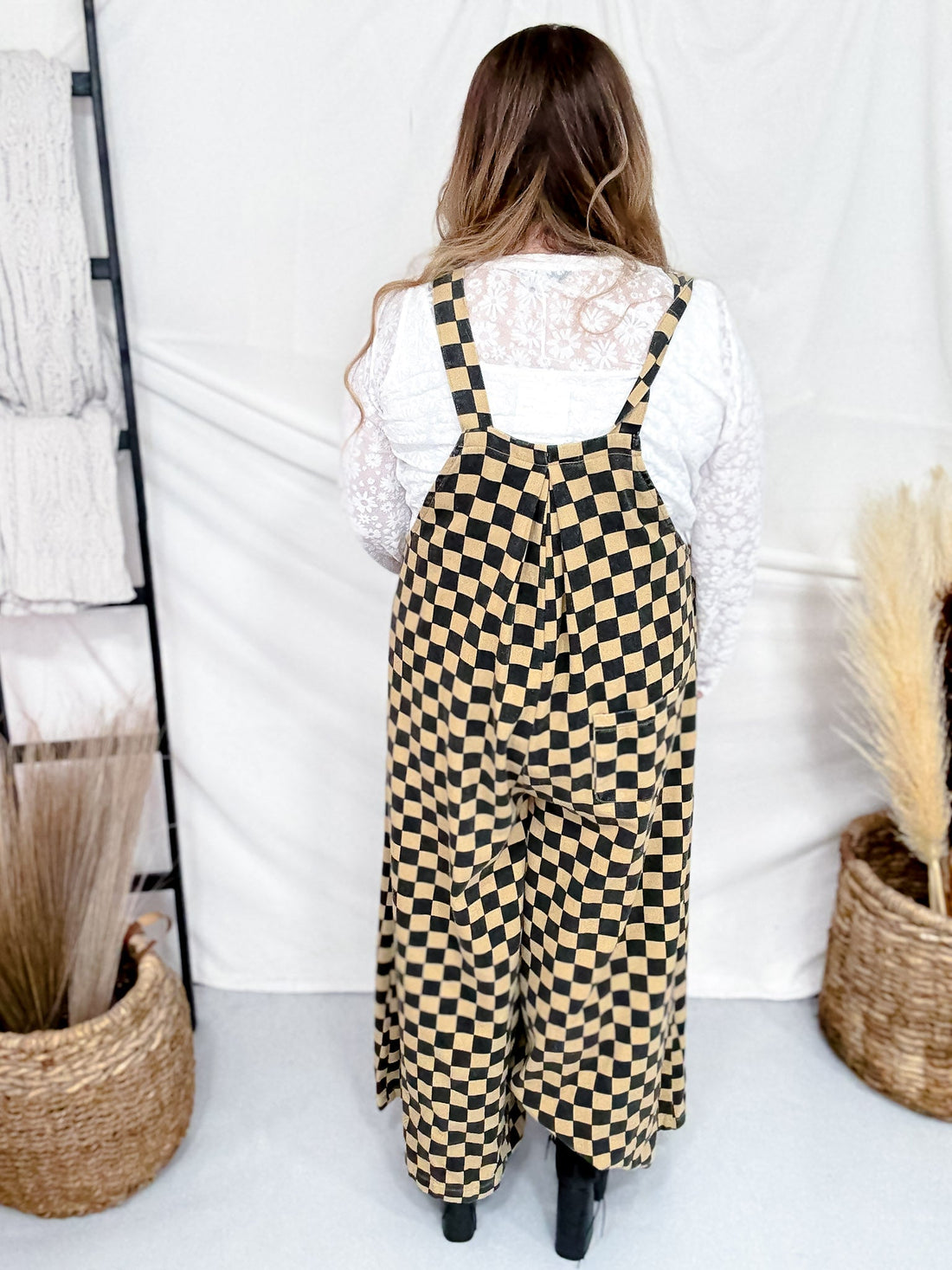 Mocha & Black Checkerboard Wide Leg Overalls - Whiskey Skies - JADE BY JANE