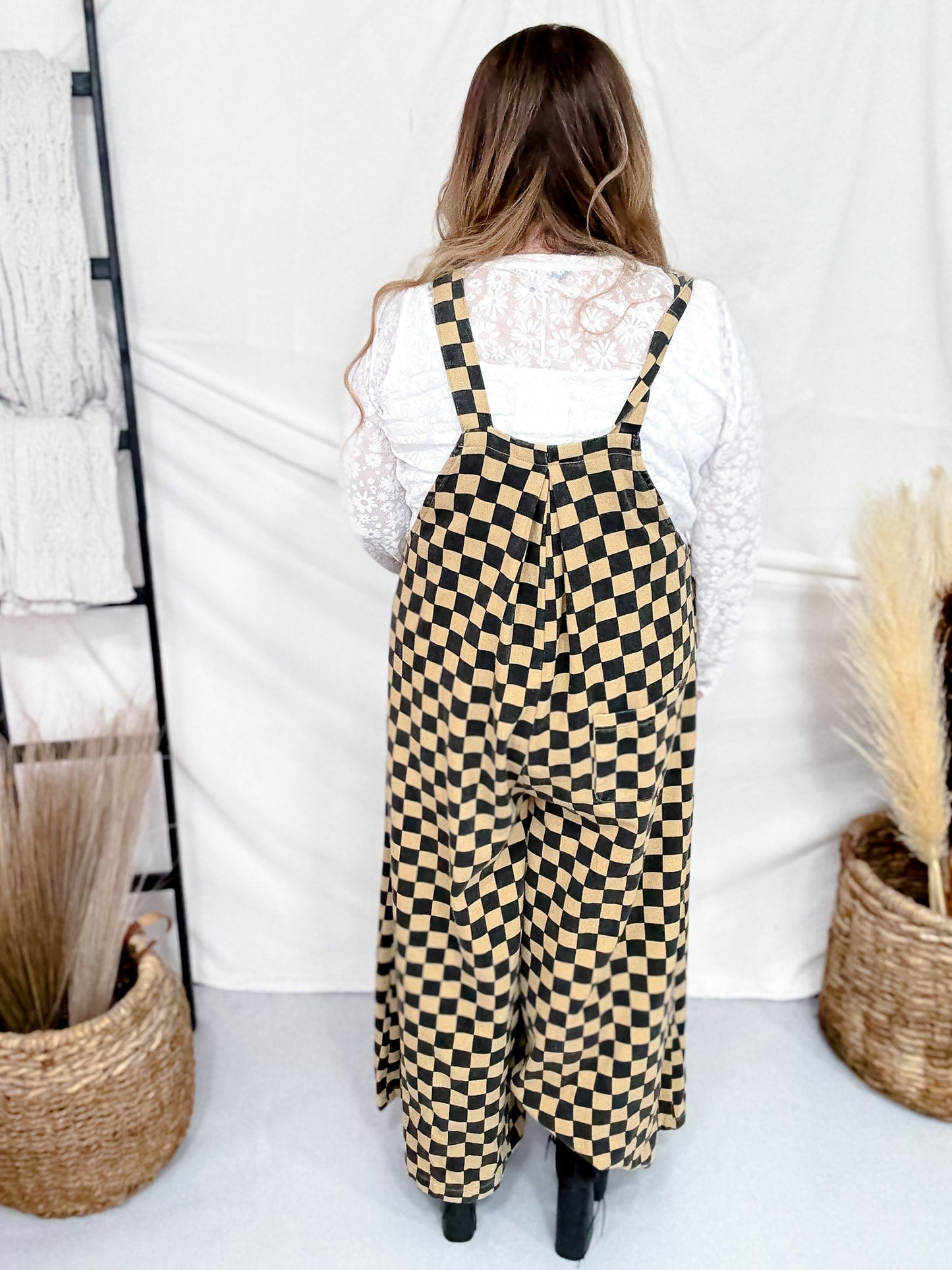Mocha & Black Checkerboard Wide Leg Overalls - Whiskey Skies - JADE BY JANE