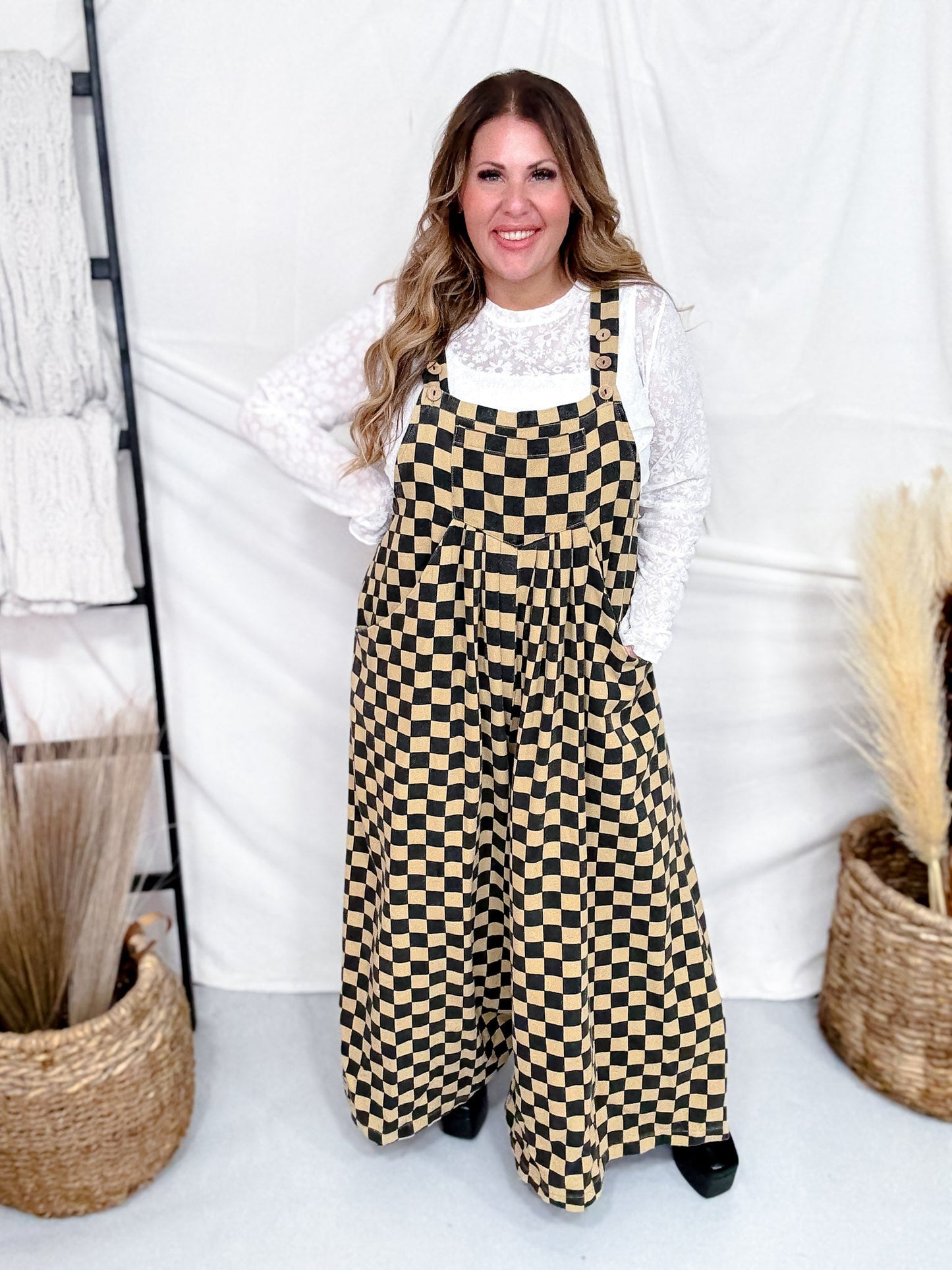 Mocha & Black Checkerboard Wide Leg Overalls - Whiskey Skies - JADE BY JANE
