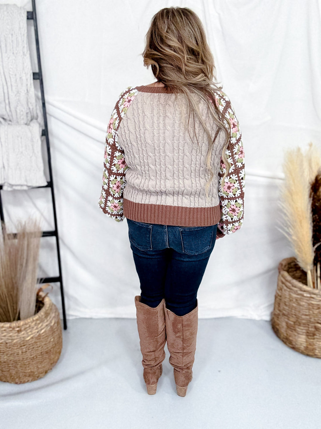 Mocha & Brown Cable Knit Sweater With Crochet Sleeves - Whiskey Skies - DAVI & DANI