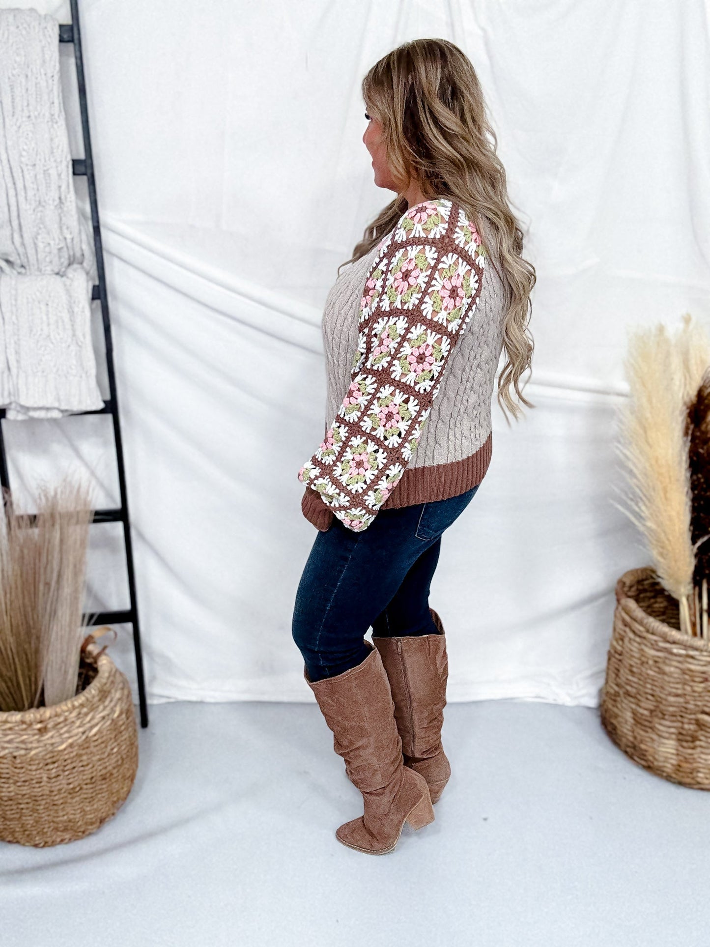 Mocha & Brown Cable Knit Sweater With Crochet Sleeves - Whiskey Skies - DAVI & DANI
