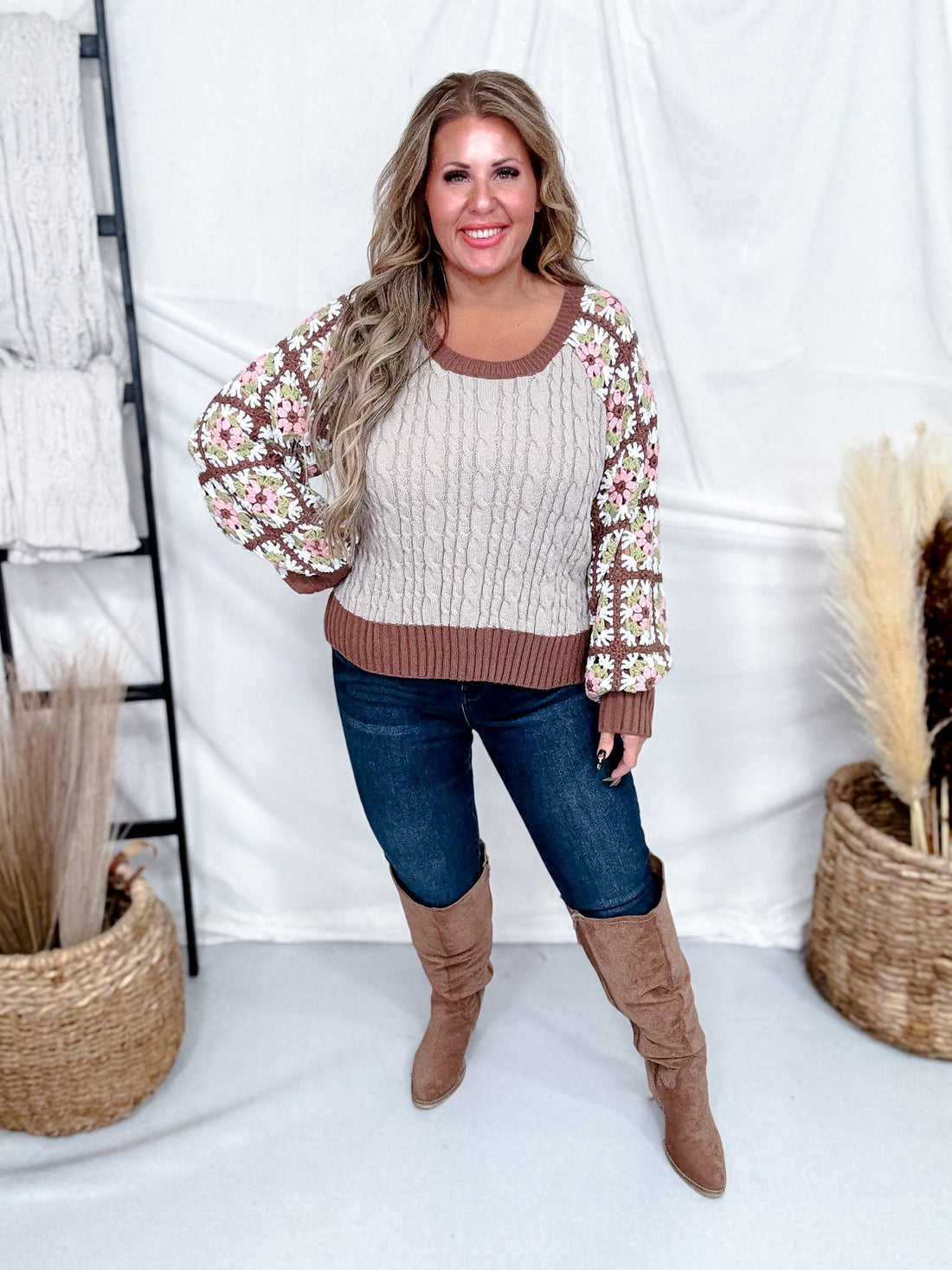 Mocha & Brown Cable Knit Sweater With Crochet Sleeves - Whiskey Skies - DAVI & DANI