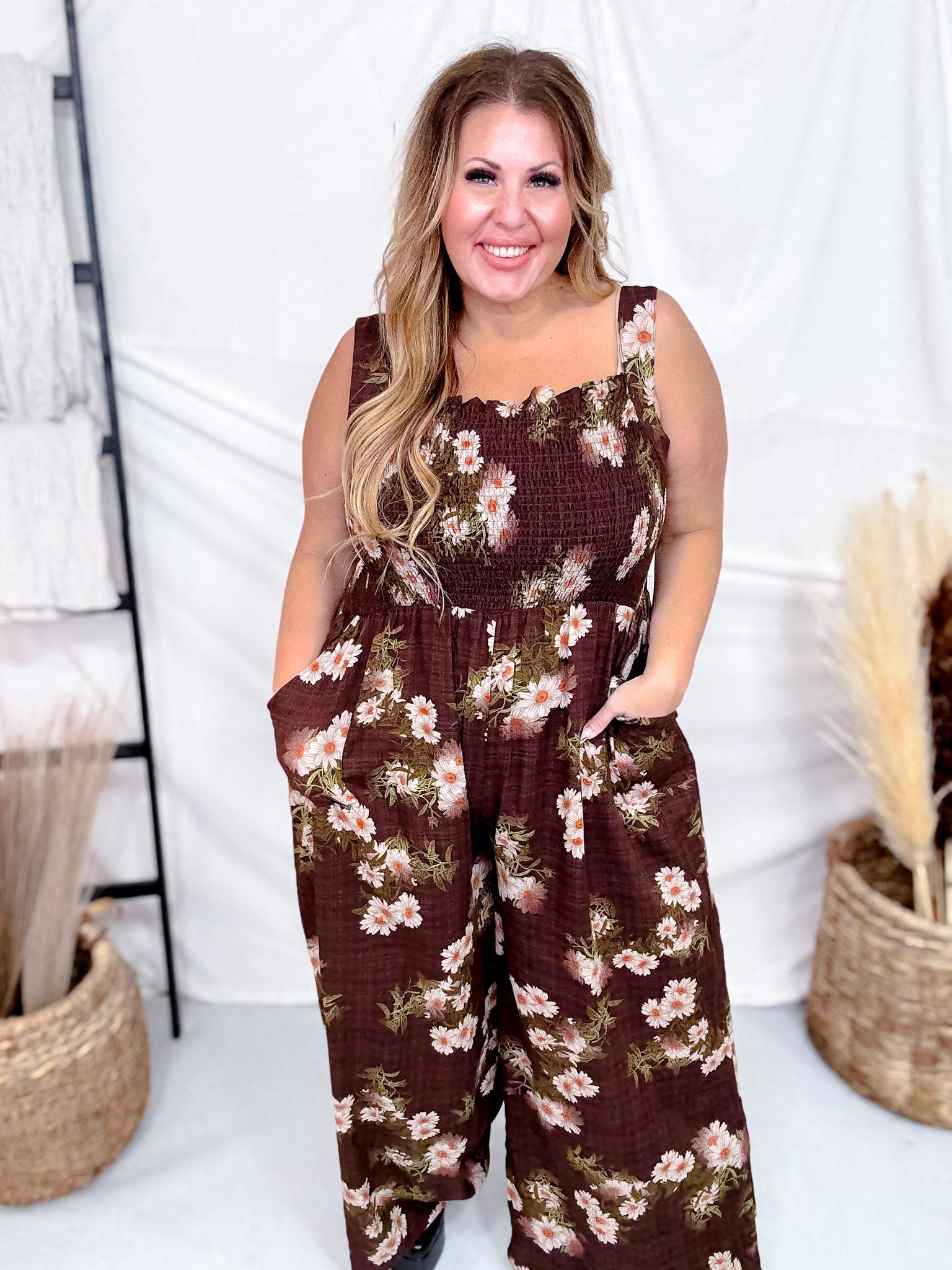 Mocha Brown Floral Smocked Wide Leg Jumpsuit - Whiskey Skies