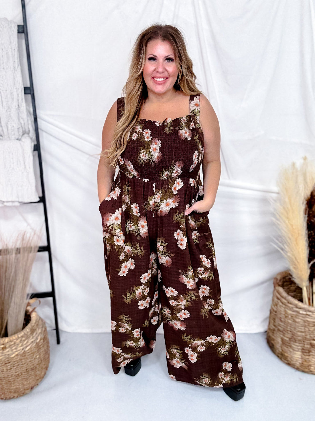 Mocha Brown Floral Smocked Wide Leg Jumpsuit - Whiskey Skies - DAVI & DANI