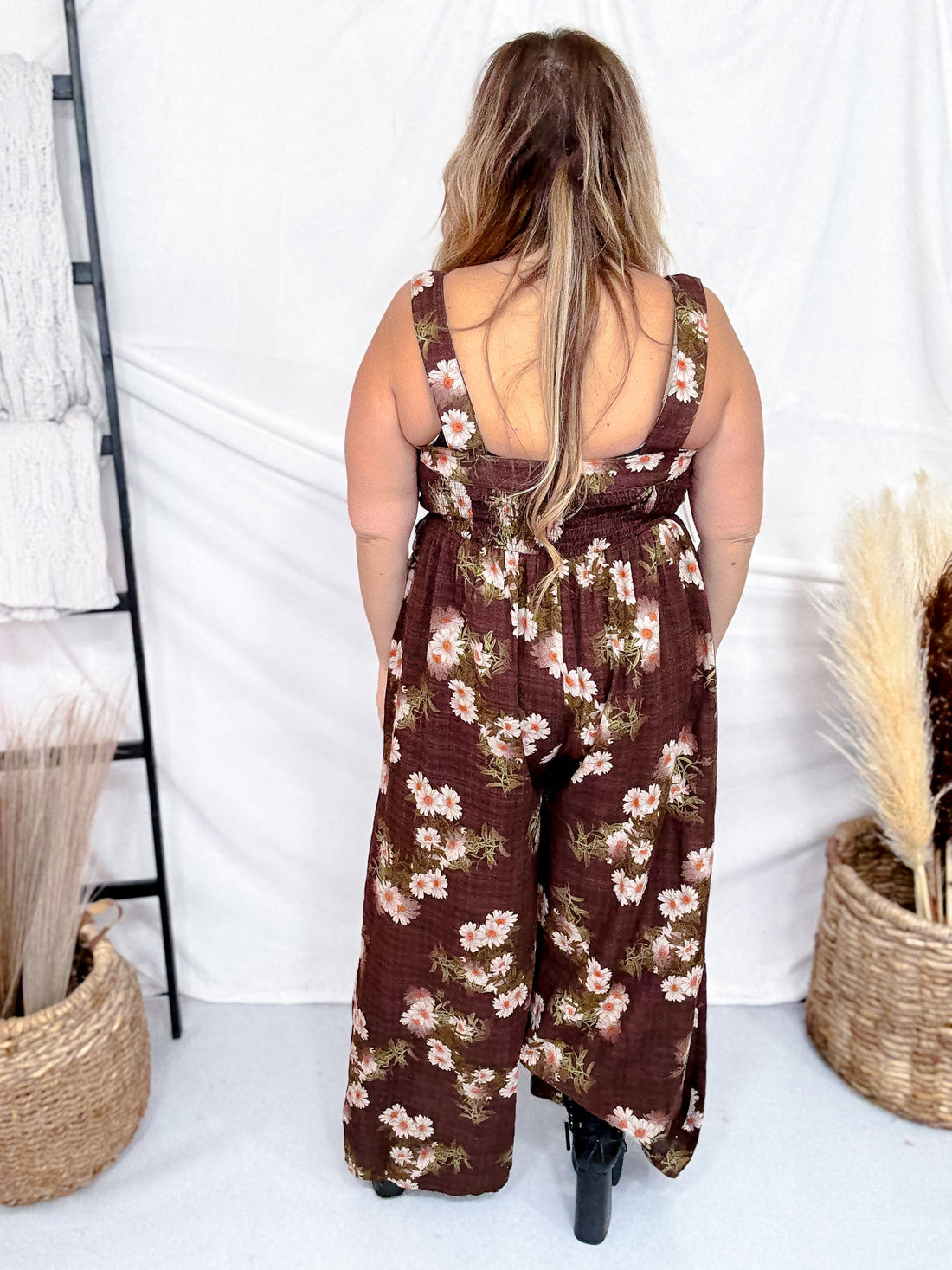 Mocha Brown Floral Smocked Wide Leg Jumpsuit - Whiskey Skies - DAVI & DANI