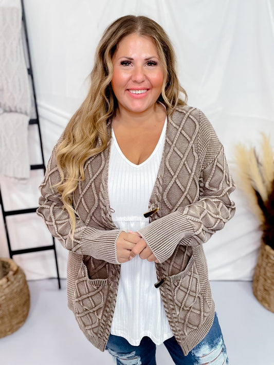 Mocha Cable Knit Sweater Cardigan - Whiskey Skies - EASEL