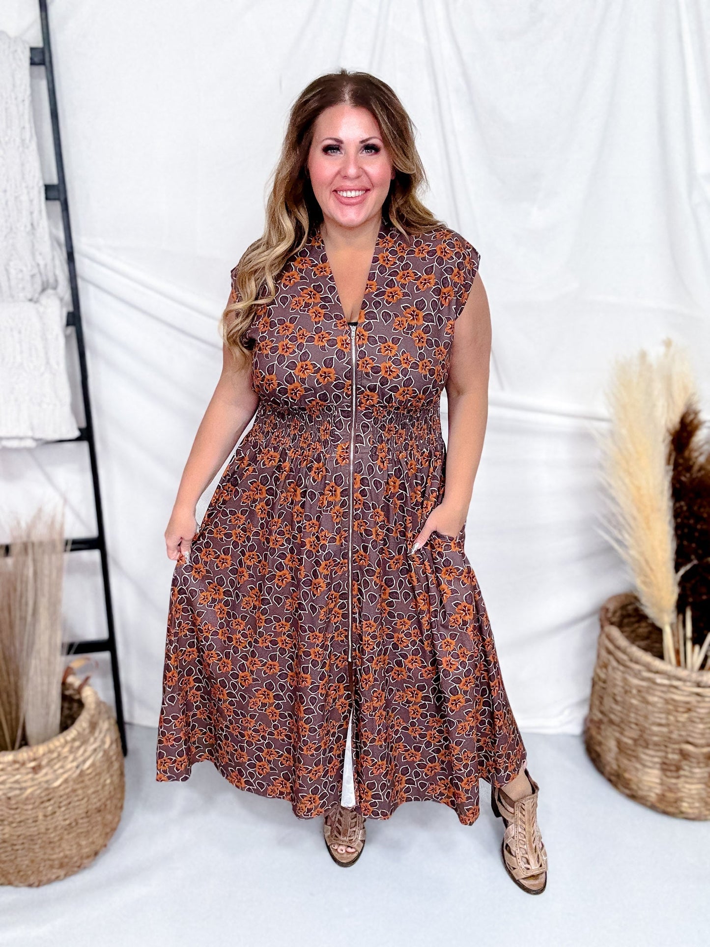 Mocha & Caramel Floral Print Zip Front Midi Dress - Whiskey Skies - SHE + SKY