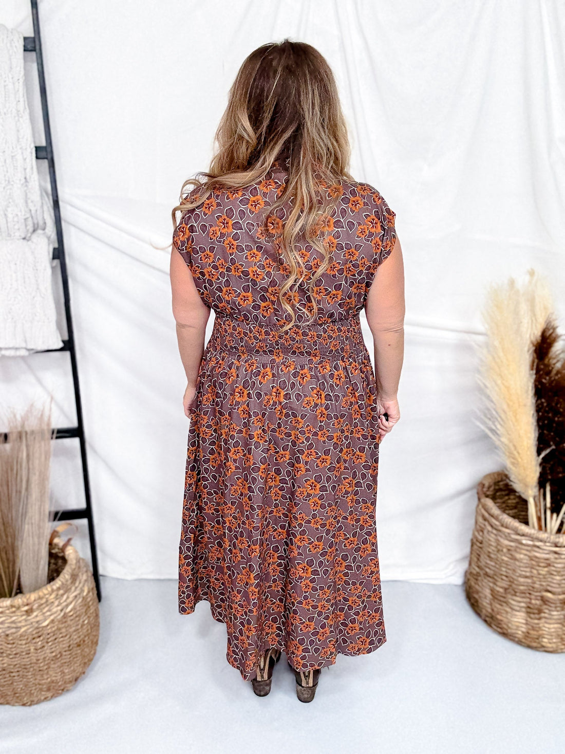 Mocha & Caramel Floral Print Zip Front Midi Dress - Whiskey Skies - SHE + SKY