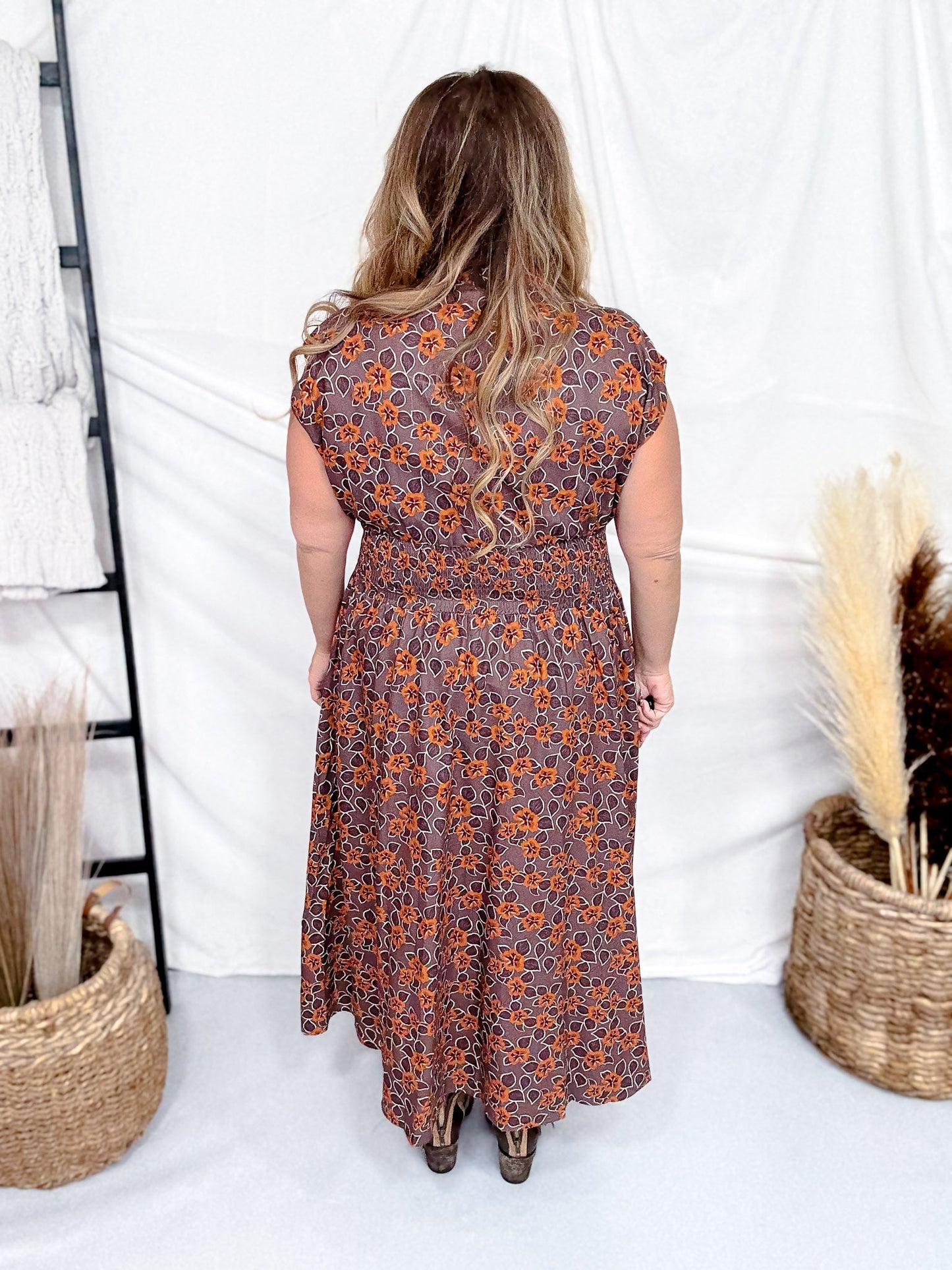 Mocha & Caramel Floral Print Zip Front Midi Dress - Whiskey Skies - SHE + SKY