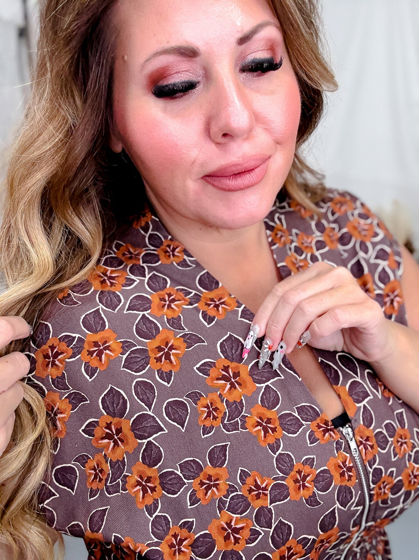 Mocha & Caramel Floral Print Zip Front Midi Dress - Whiskey Skies - SHE + SKY