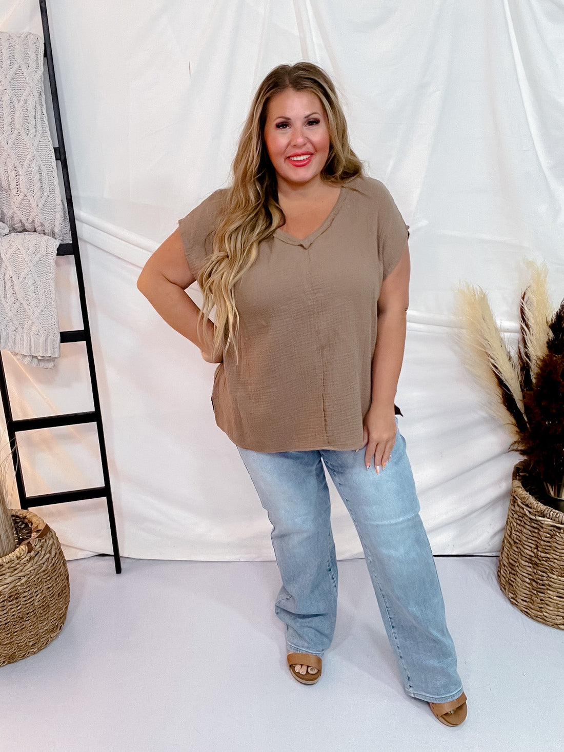 Mocha Cotton Gauze Top with Raw Edge Detailing - Whiskey Skies - ANDREE BY UNIT