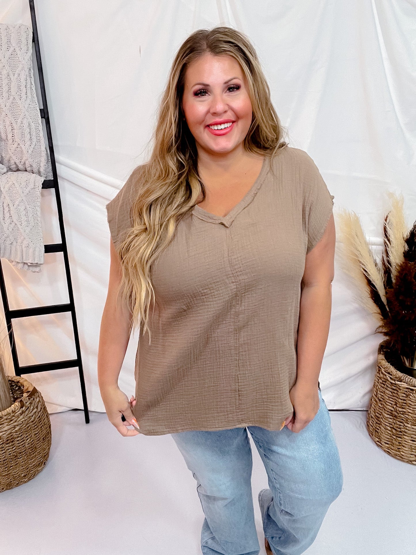 Mocha Cotton Gauze Top with Raw Edge Detailing - Whiskey Skies - ANDREE BY UNIT