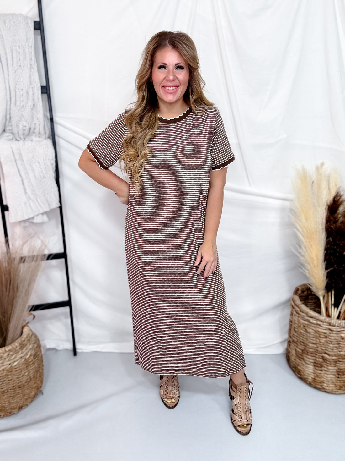 Mocha & Cream Striped Midi Dress With Scalloped Trim - Whiskey Skies - POLAGRAM + BAEVELY