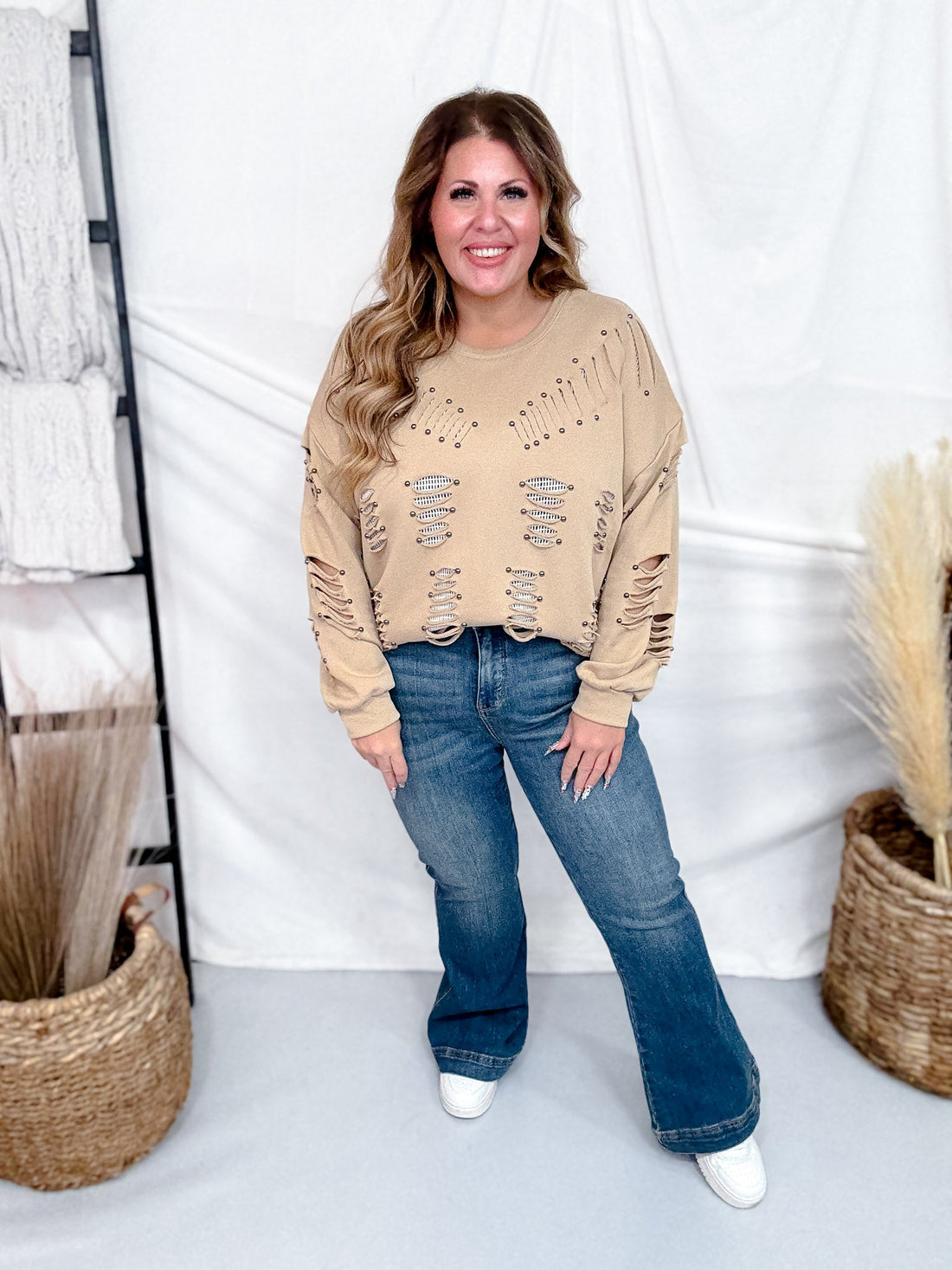 Mocha Distressed Sweatshirt W/ Studding Detail & Knit Liner - Whiskey Skies - POL CLOTHING INC.