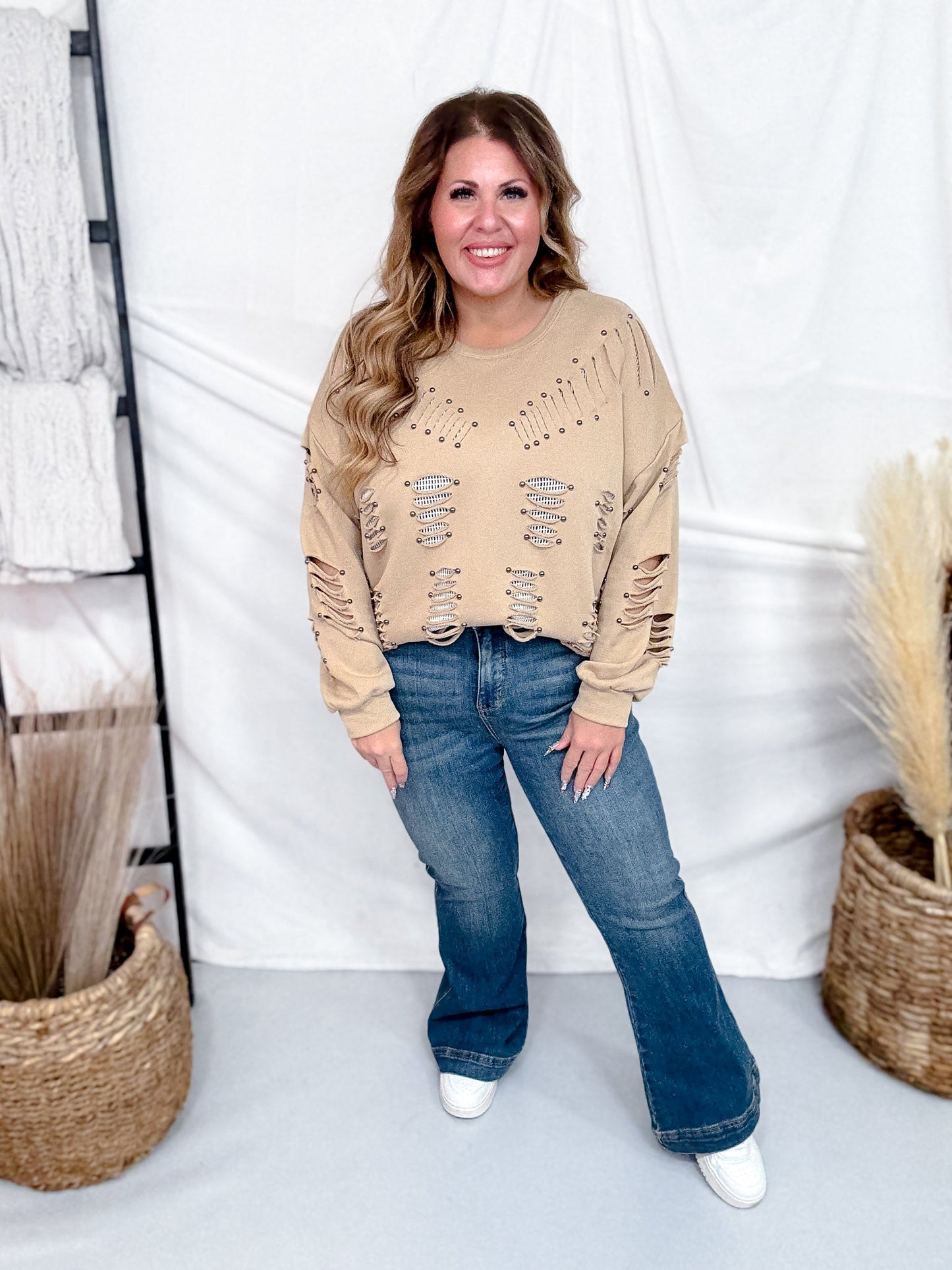 Mocha Distressed Sweatshirt W/ Studding Detail & Knit Liner - Whiskey Skies - POL CLOTHING INC.