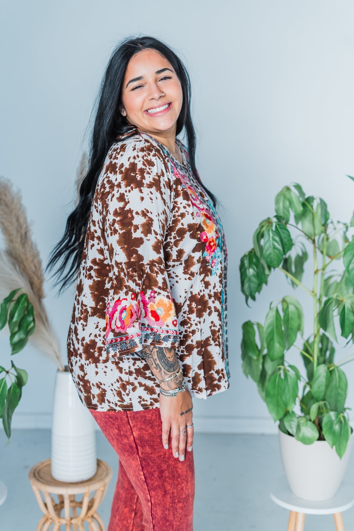 Mocha Floral Print Bell Sleeve Top - Whiskey Skies - ANDREE BY UNIT