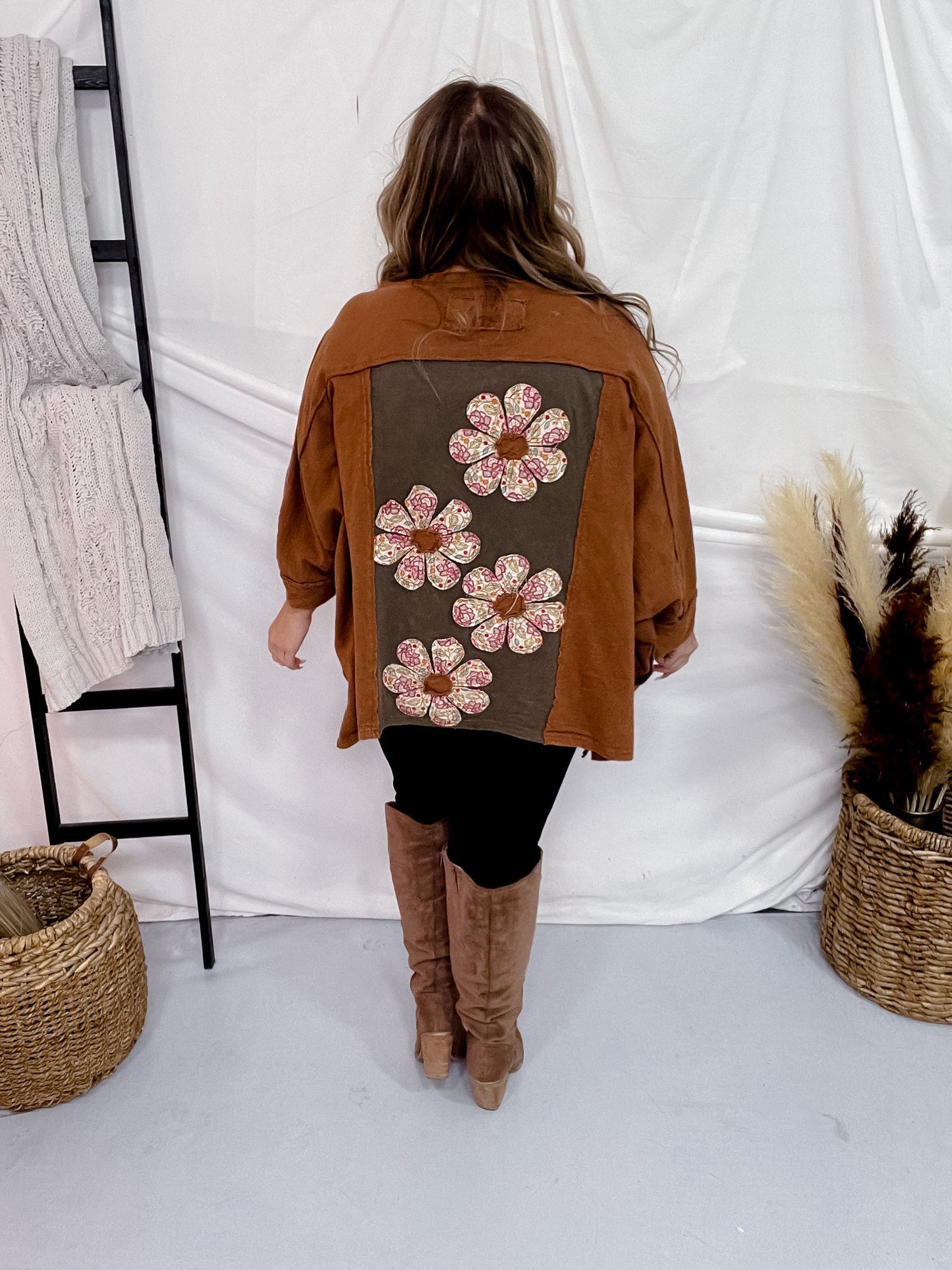 Mocha Flower Patch Drop Shoulder Top - Whiskey Skies - BLUEVELVET