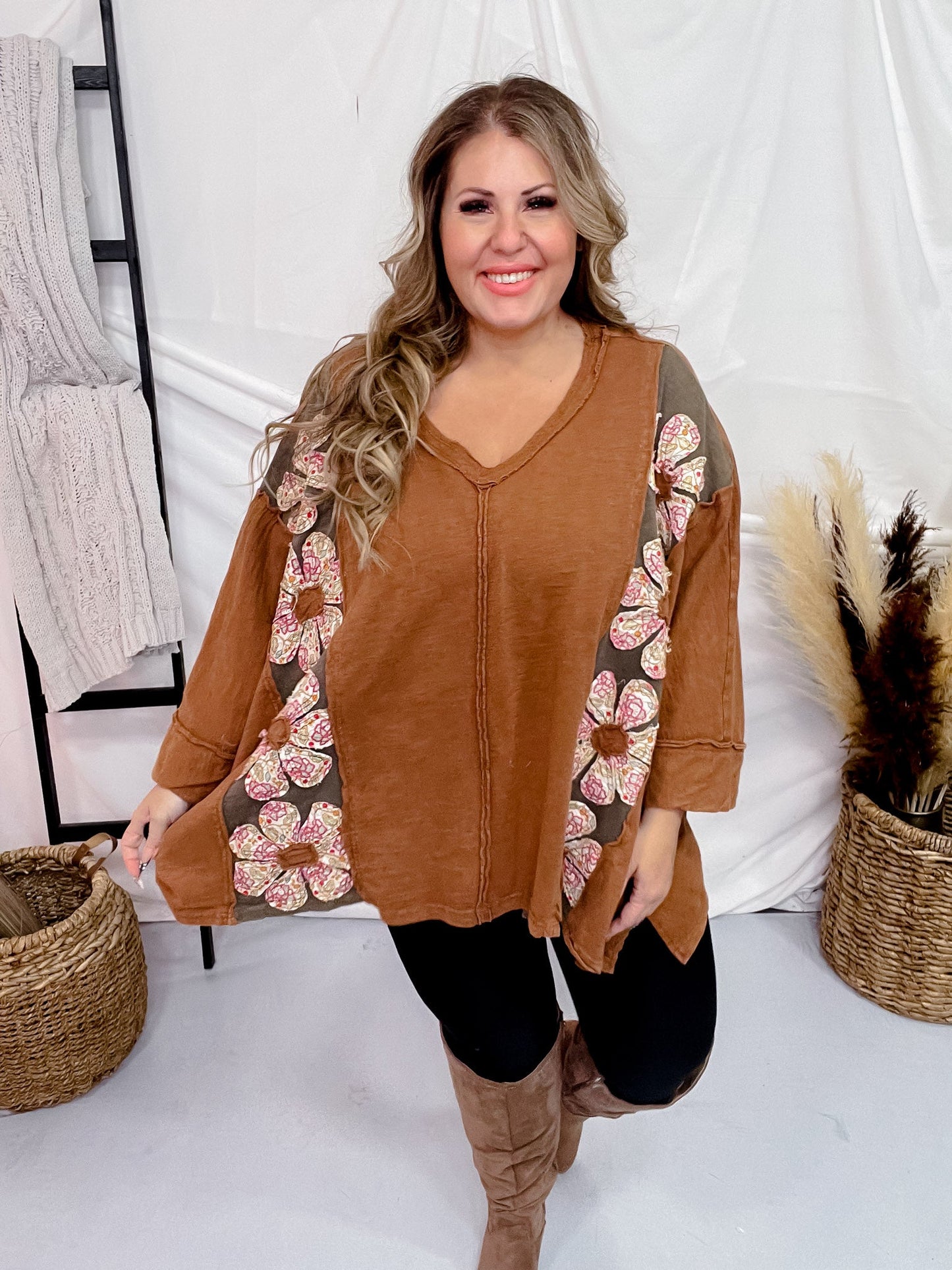 Mocha Flower Patch Drop Shoulder Top - Whiskey Skies - BLUEVELVET