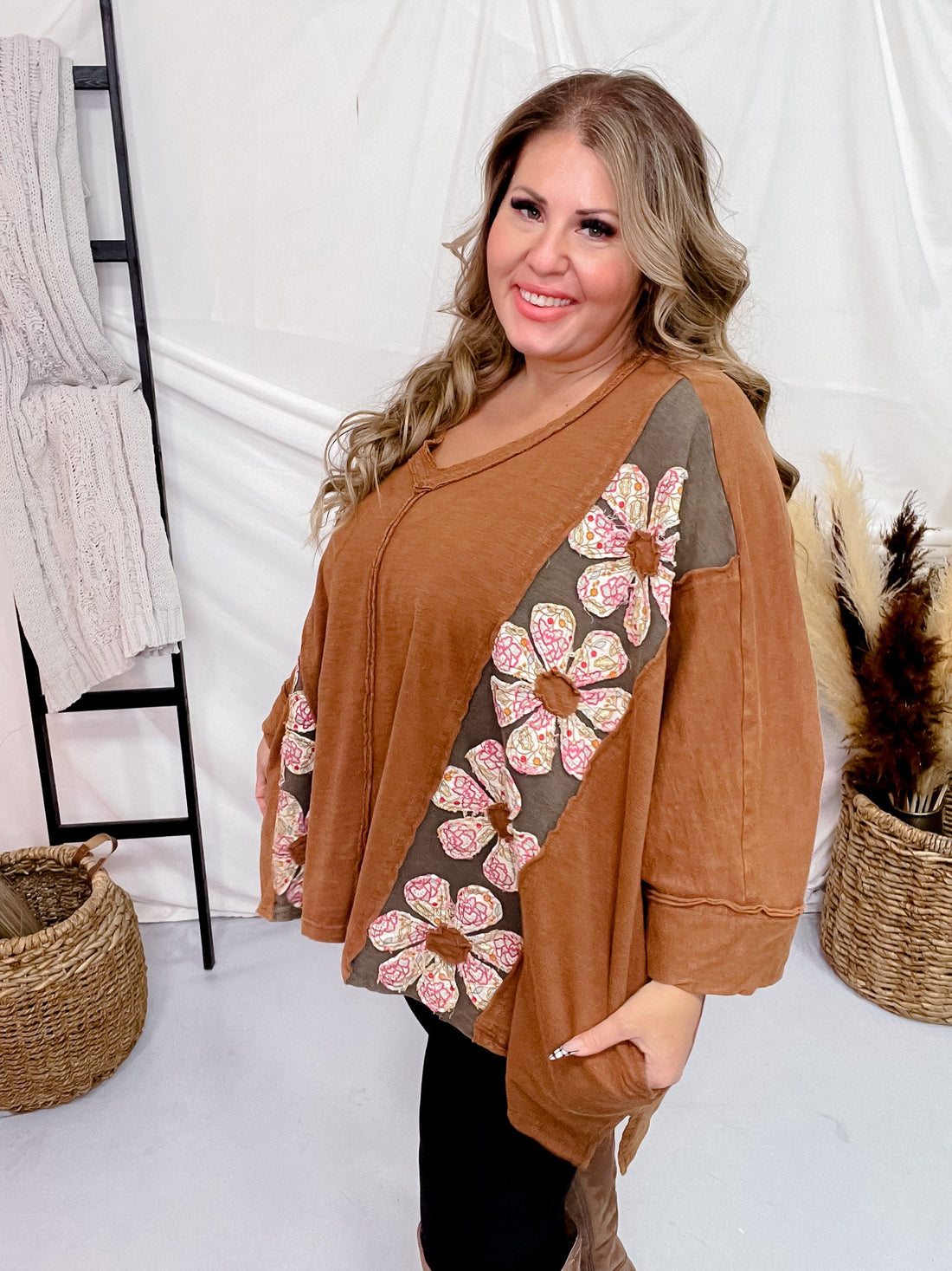 Mocha Flower Patch Drop Shoulder Top - Whiskey Skies - BLUEVELVET