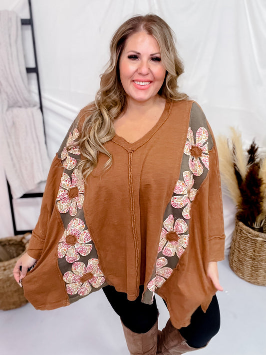 Mocha Flower Patch Drop Shoulder Top - Whiskey Skies - BLUEVELVET