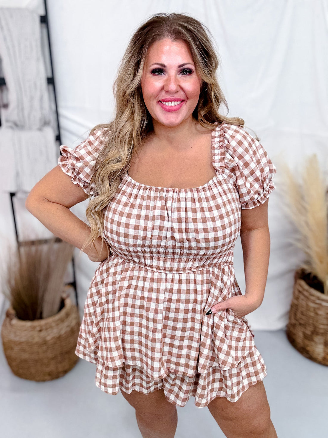 Mocha Gingham Print Puff Short Sleeve Romper - Whiskey Skies - JADE BY JANE
