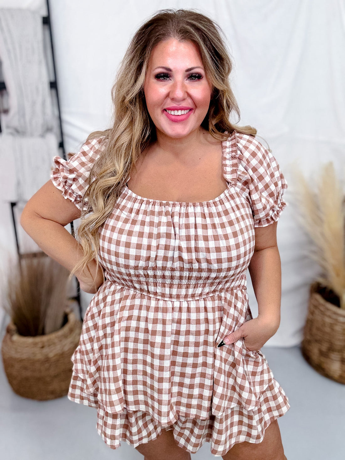 Mocha Gingham Print Puff Short Sleeve Romper - Whiskey Skies - JADE BY JANE