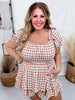 Mocha Gingham Print Puff Short Sleeve Romper - Whiskey Skies - JADE BY JANE