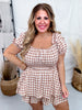 Mocha Gingham Print Puff Short Sleeve Romper - Whiskey Skies - JADE BY JANE