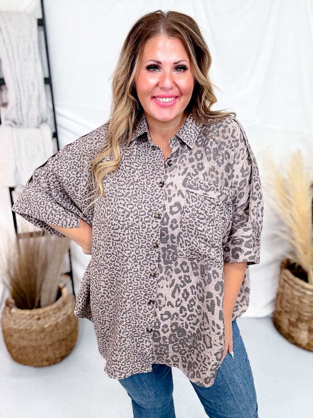 Mocha Leopard Print Button Down Top W/ High Low Hem - Whiskey Skies - DAVI & DANI