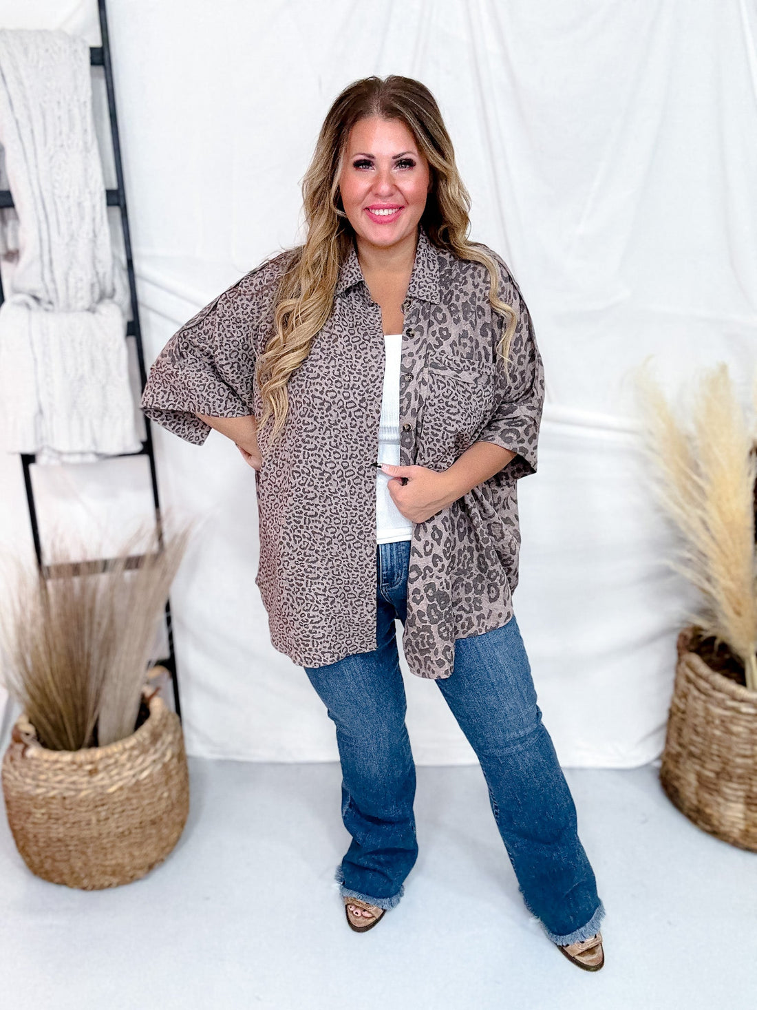 Mocha Leopard Print Button Down Top W/ High Low Hem - Whiskey Skies - DAVI & DANI