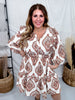 Mocha Paisley Print Midi Dress With Ruffle Shoulders - Whiskey Skies - HAYDEN