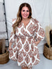 Mocha Paisley Print Midi Dress With Ruffle Shoulders - Whiskey Skies - HAYDEN