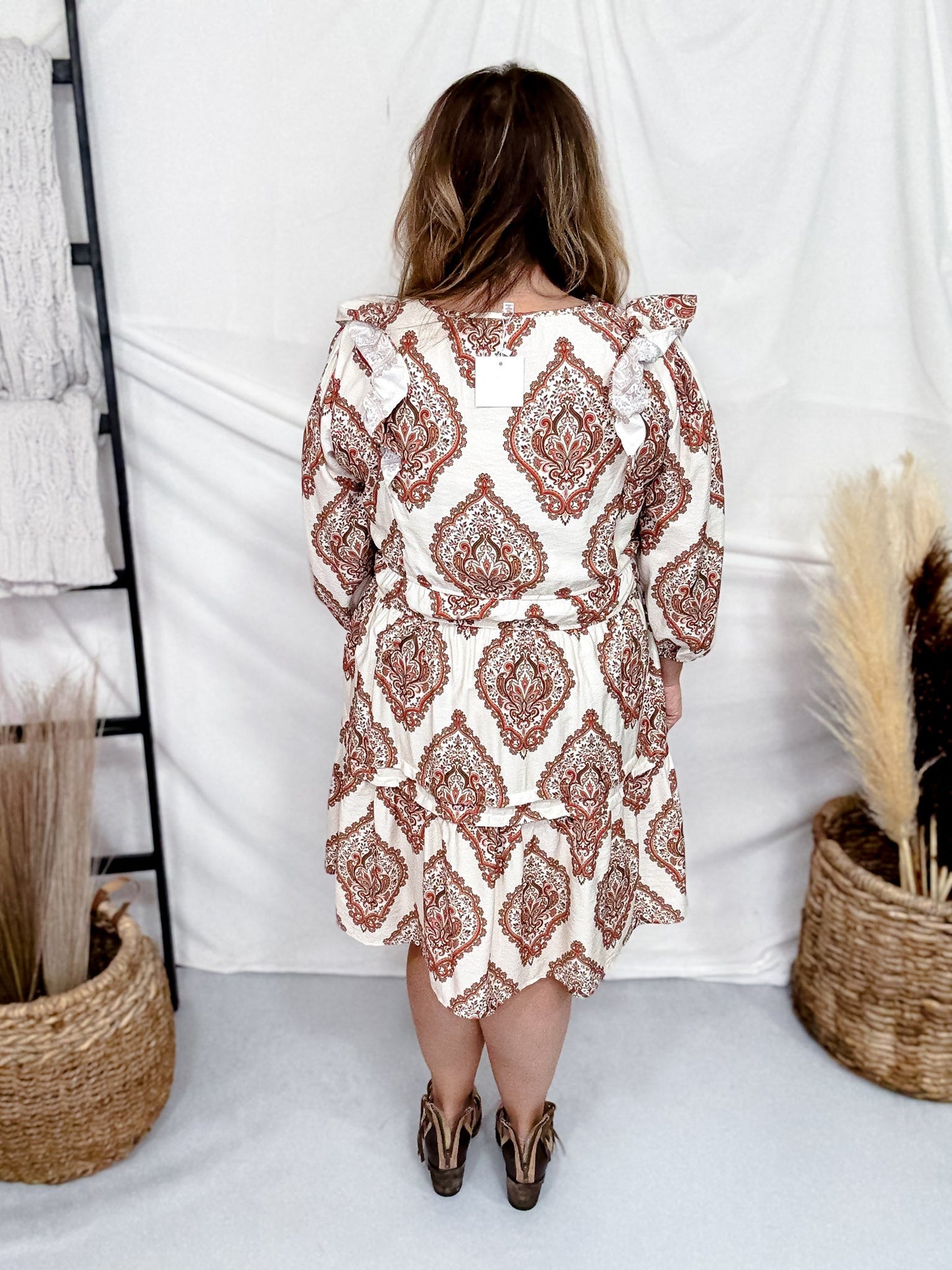 Mocha Paisley Print Midi Dress With Ruffle Shoulders - Whiskey Skies - HAYDEN