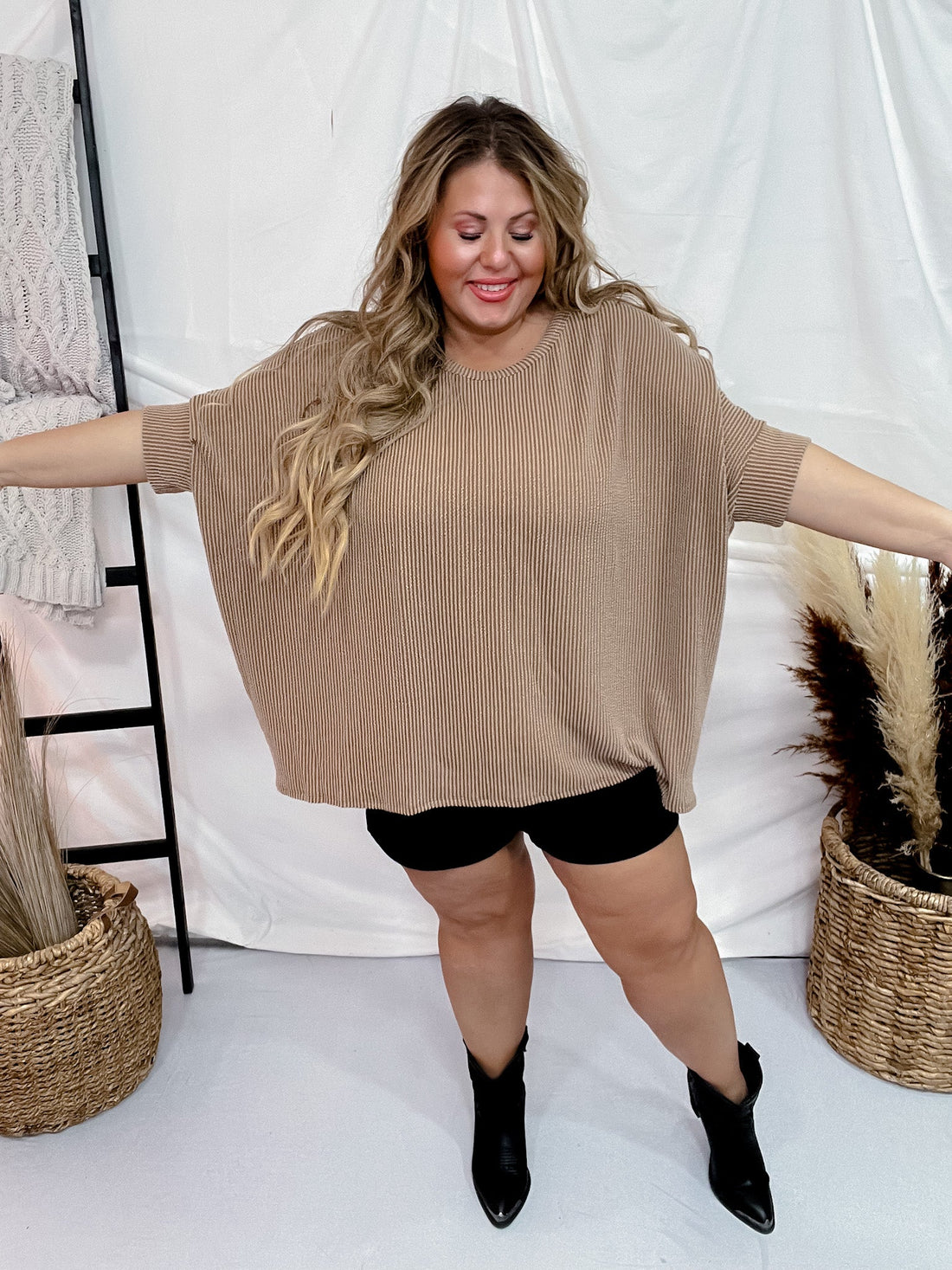 Mocha Ribbed Drop Shoulder Poncho Sleeve Tunic Top - Whiskey Skies - ANDREE BY UNIT