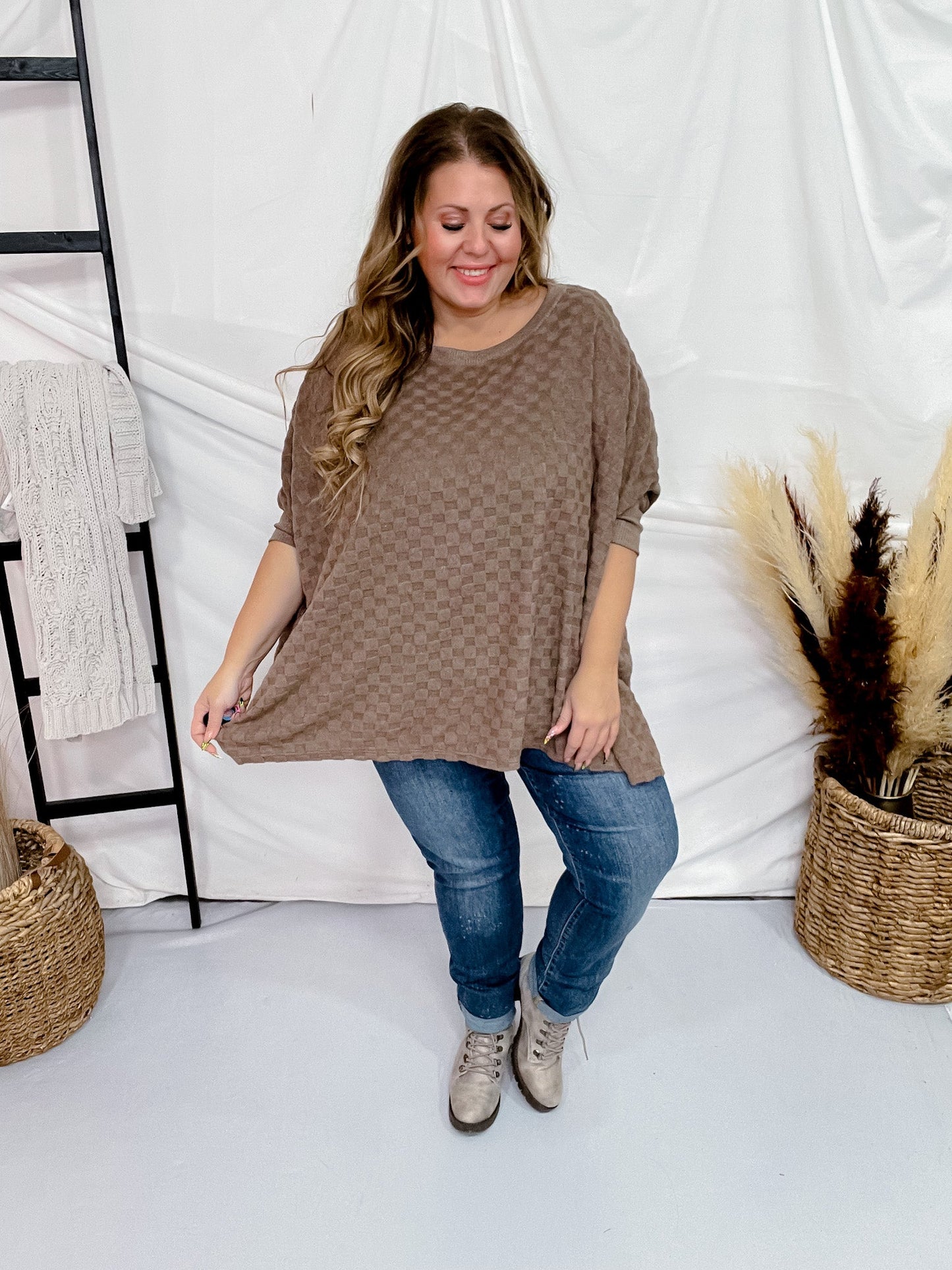 Mocha Round Neck Checkered Dolman Sleeve Top - Whiskey Skies - SEW IN LOVE