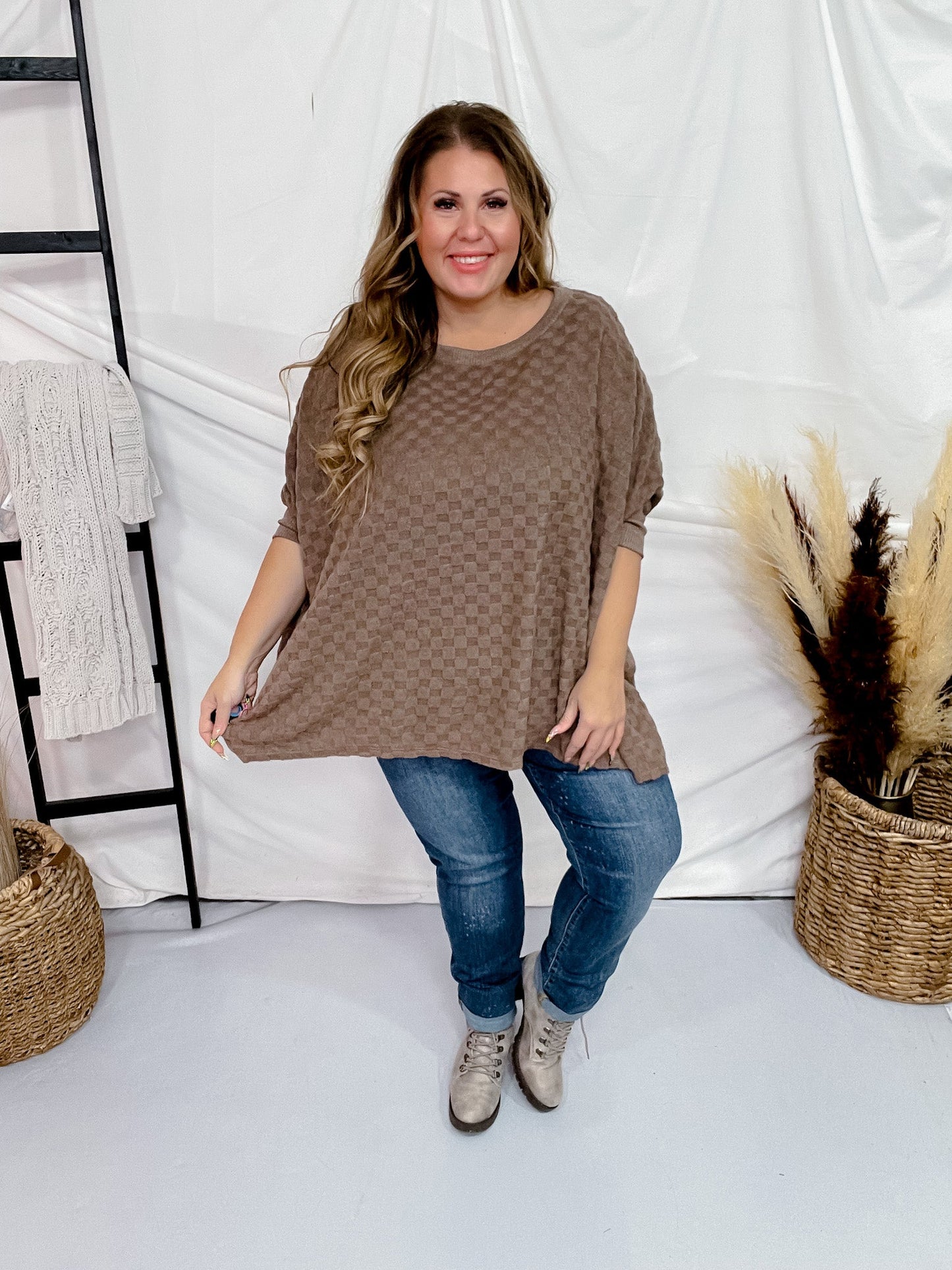 Mocha Round Neck Checkered Dolman Sleeve Top - Whiskey Skies - SEW IN LOVE