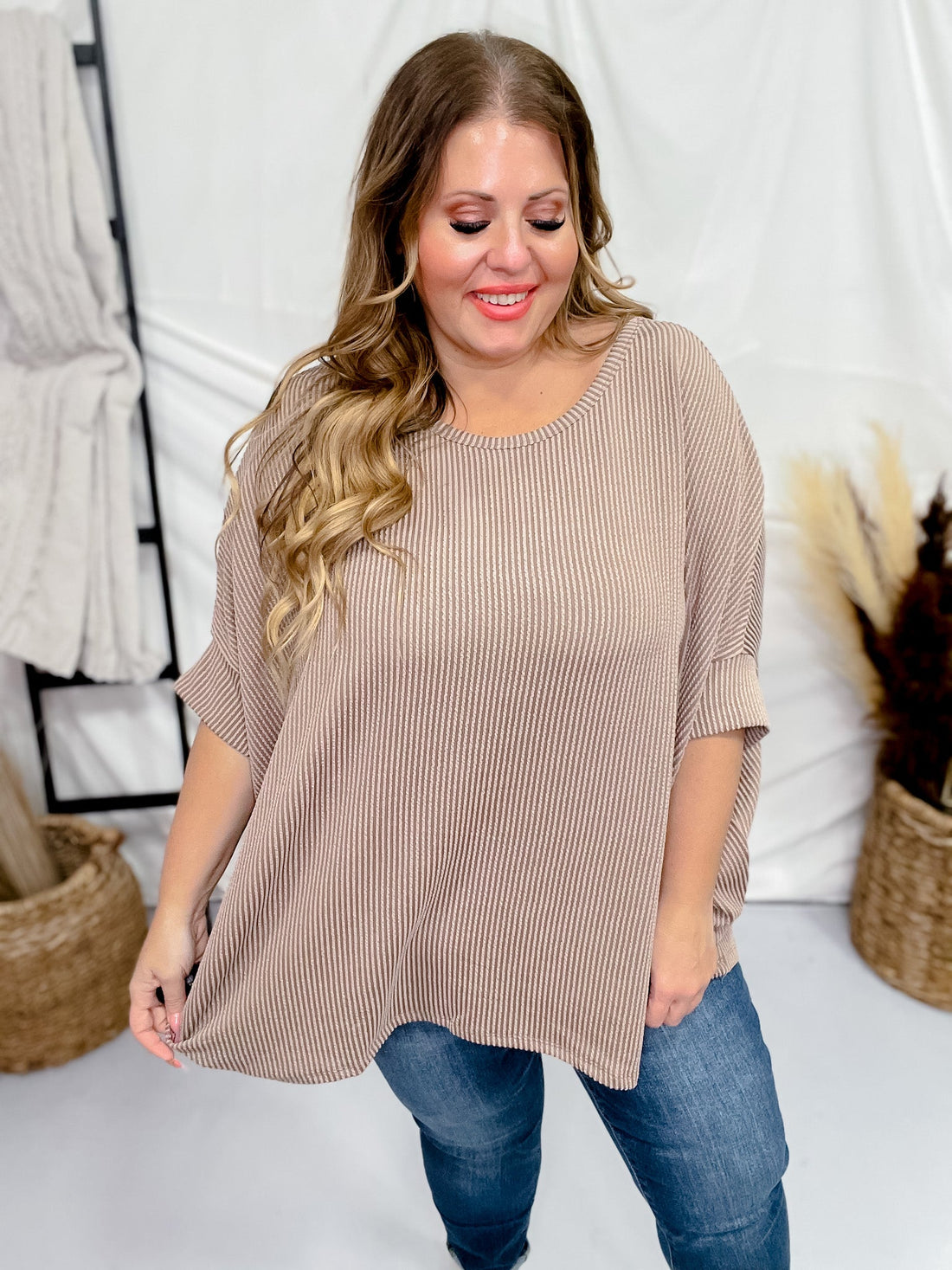 Mocha Round Neck Ribbed Tunic Top - Whiskey Skies - ANDREE BY UNIT