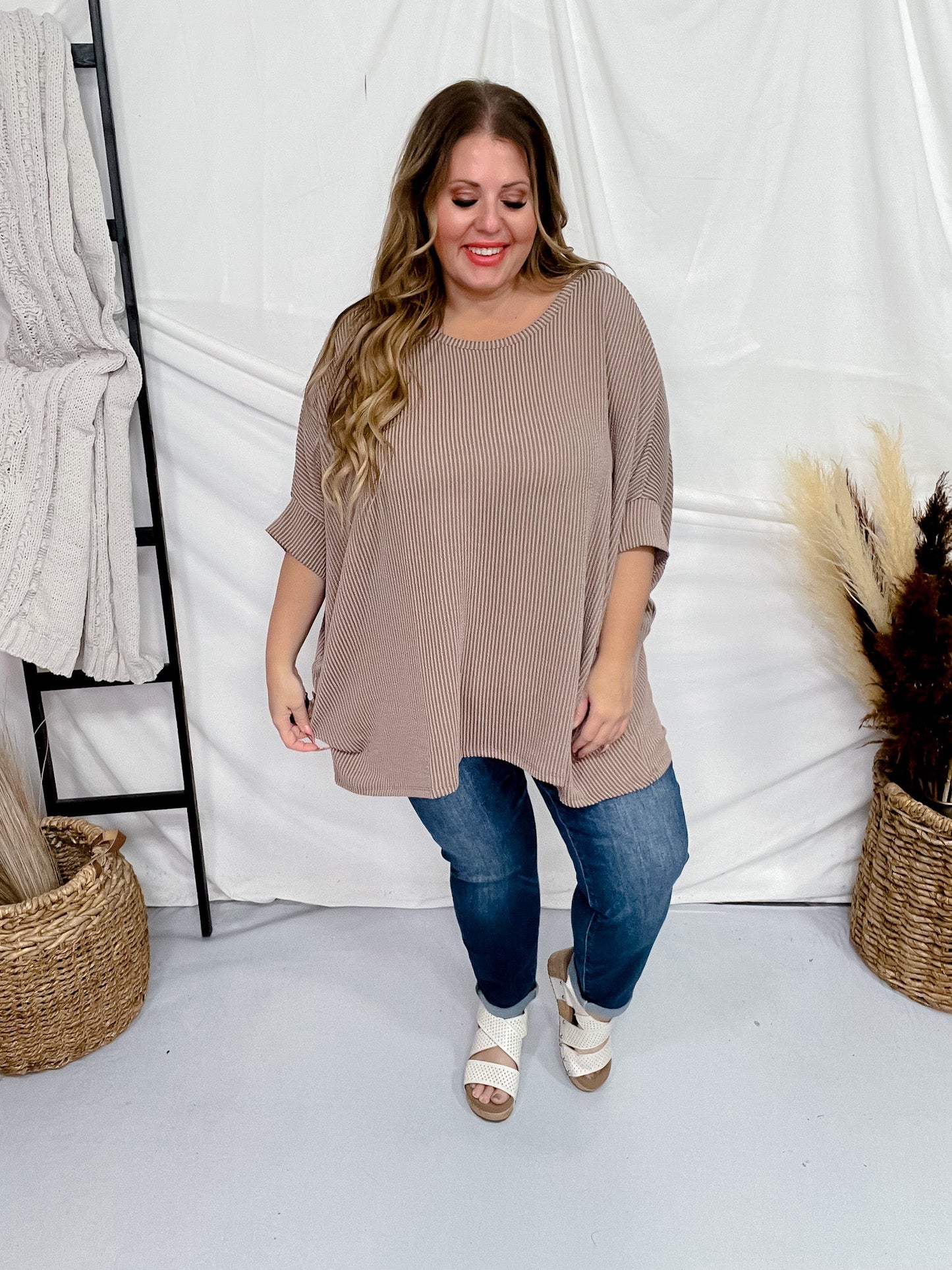 Mocha Round Neck Ribbed Tunic Top - Whiskey Skies - ANDREE BY UNIT