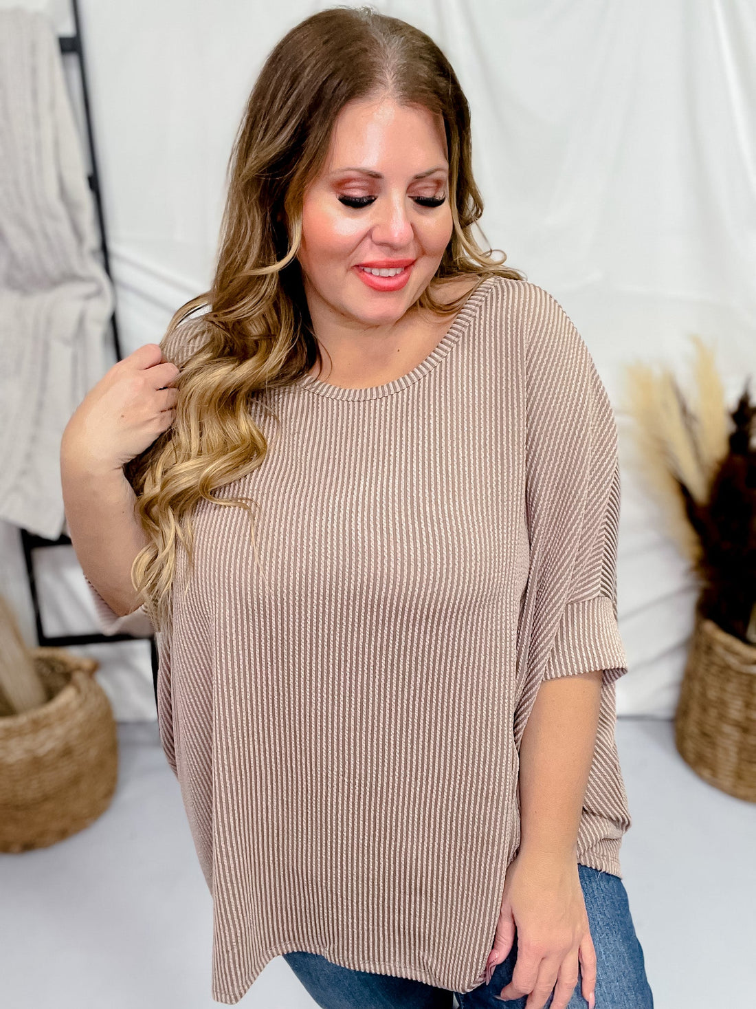 Mocha Round Neck Ribbed Tunic Top - Whiskey Skies - ANDREE BY UNIT