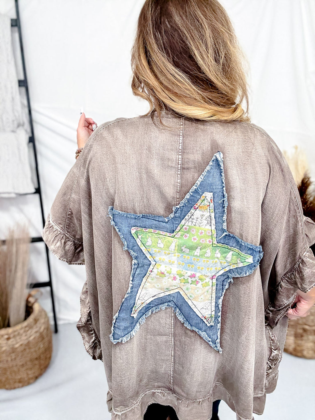 Mocha Ruffled Hem Cardigan With Star Patch Back - Whiskey Skies - EASEL