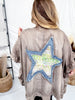 Mocha Ruffled Hem Cardigan With Star Patch Back - Whiskey Skies - EASEL