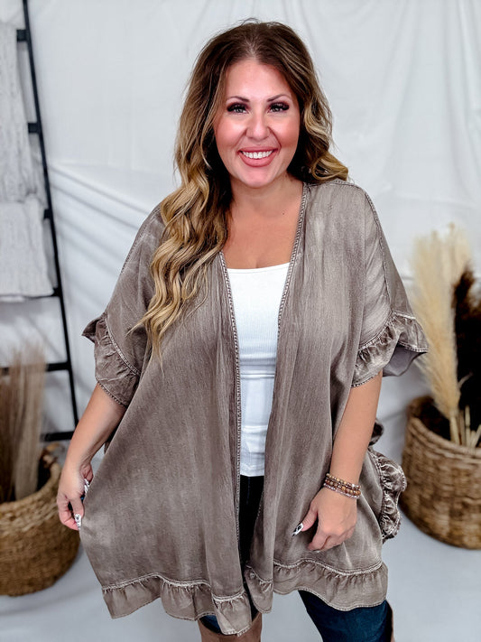 Mocha Ruffled Hem Cardigan With Star Patch Back - Whiskey Skies - EASEL