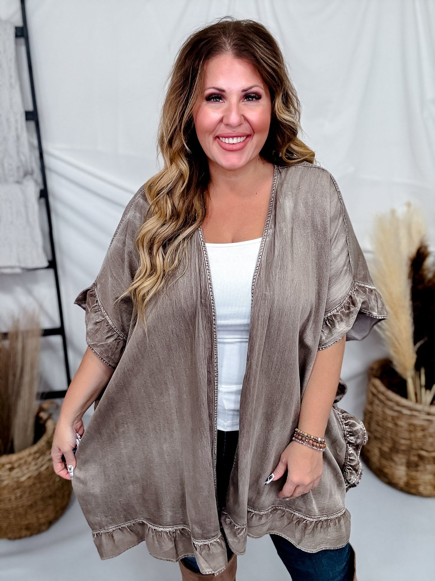 Mocha Ruffled Hem Cardigan With Star Patch Back - Whiskey Skies - EASEL