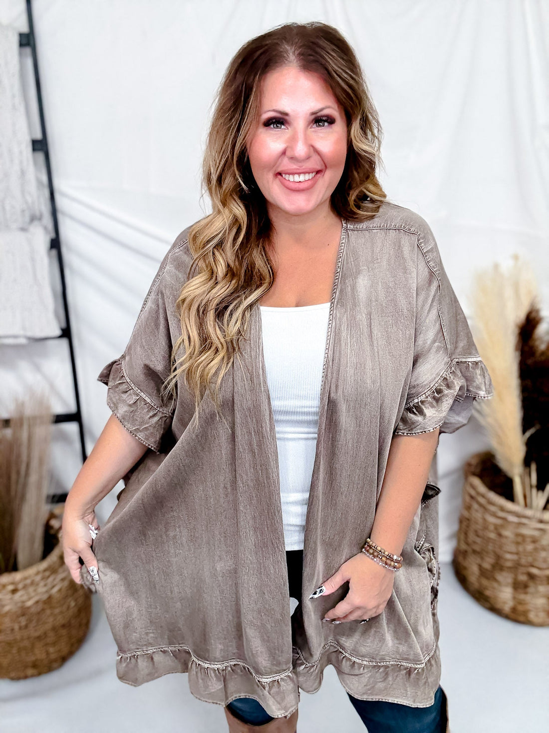 Mocha Ruffled Hem Cardigan With Star Patch Back - Whiskey Skies - EASEL