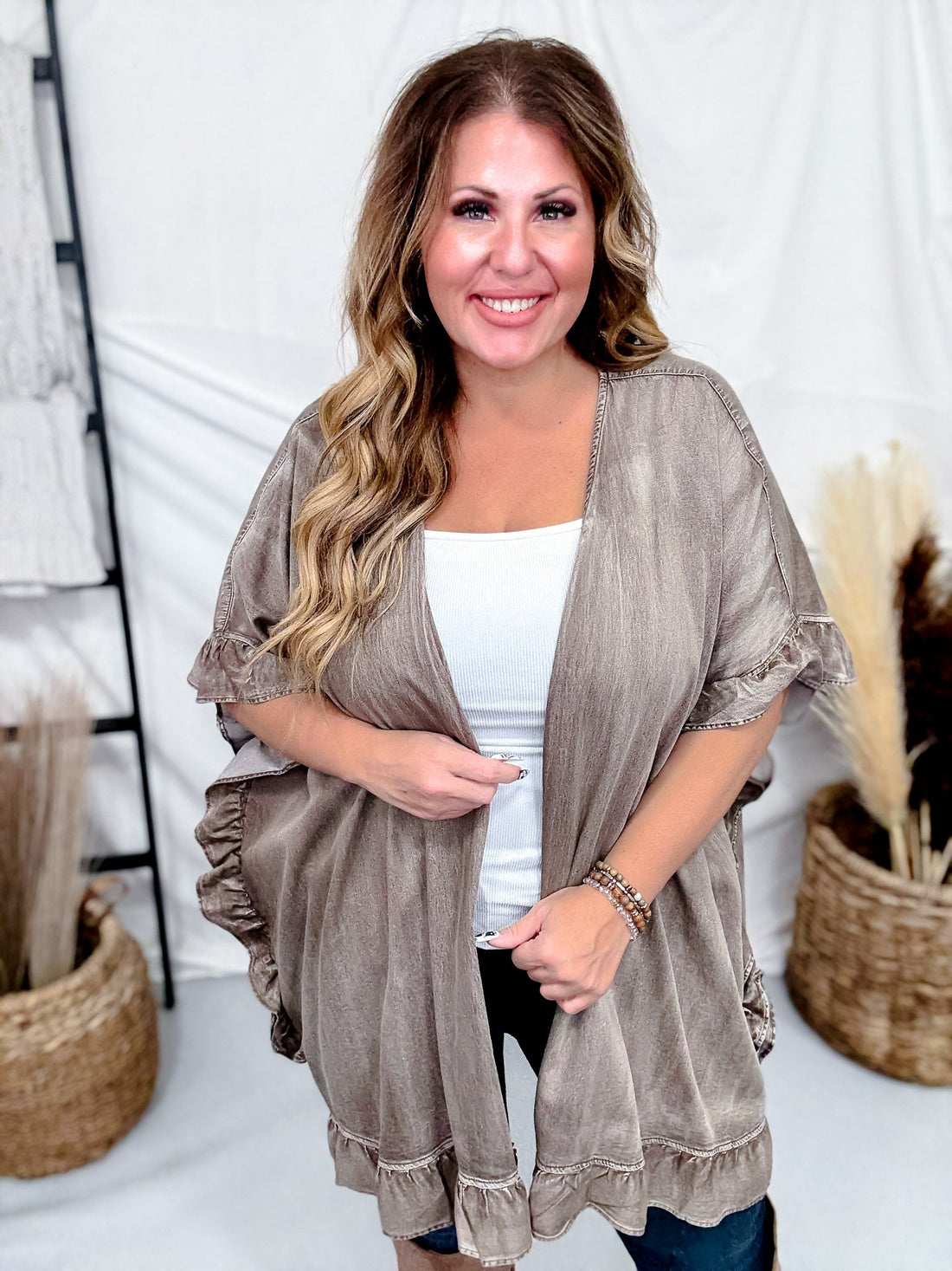 Mocha Ruffled Hem Cardigan With Star Patch Back - Whiskey Skies - EASEL