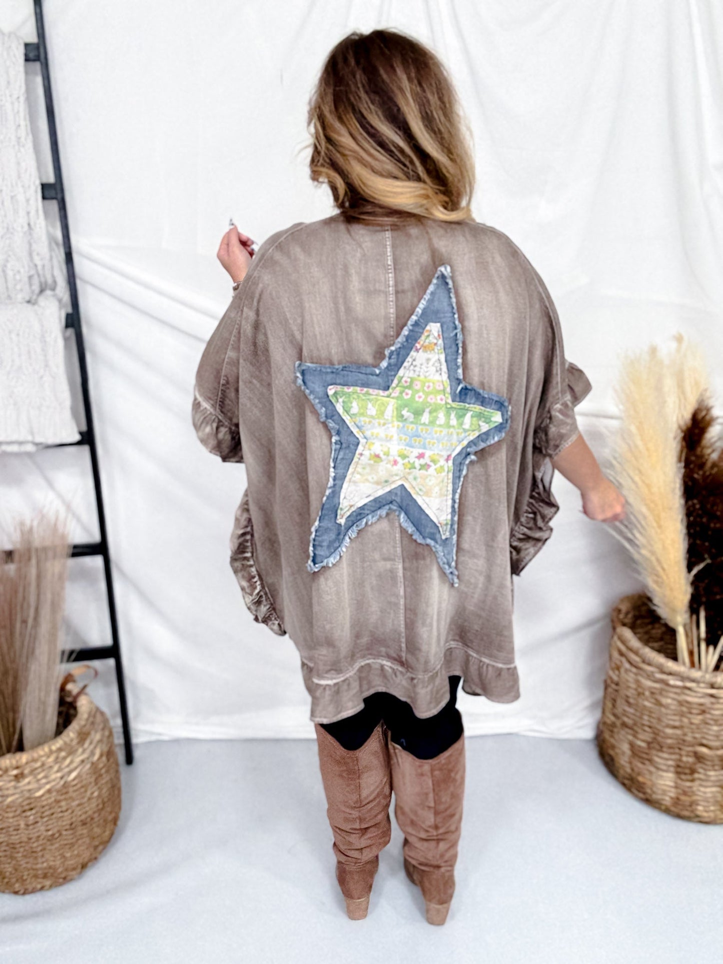 Mocha Ruffled Hem Cardigan With Star Patch Back - Whiskey Skies - EASEL