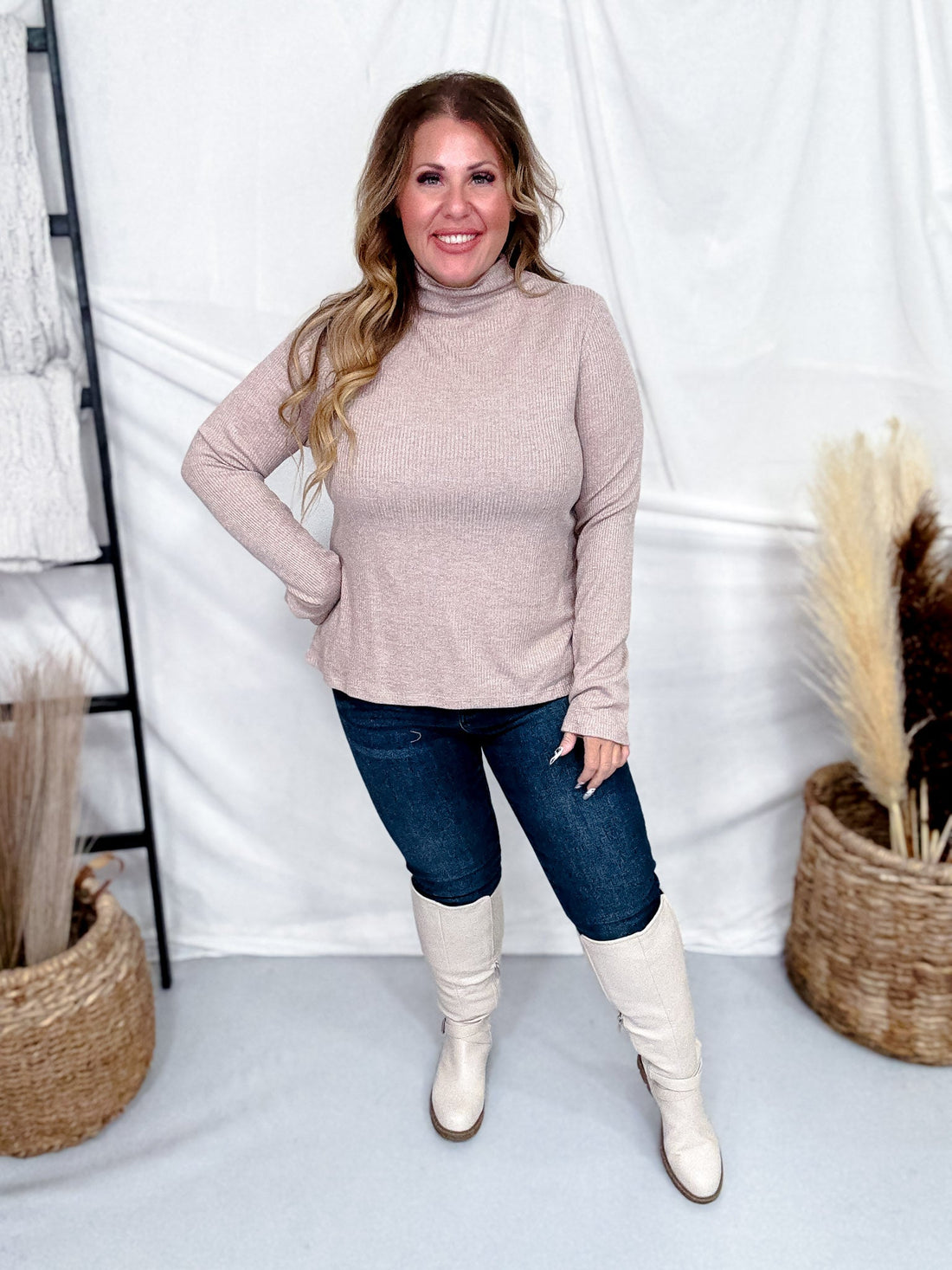 Mocha Shimmer Mock Neck Sweater With Long Sleeves - Whiskey Skies - ENTRO